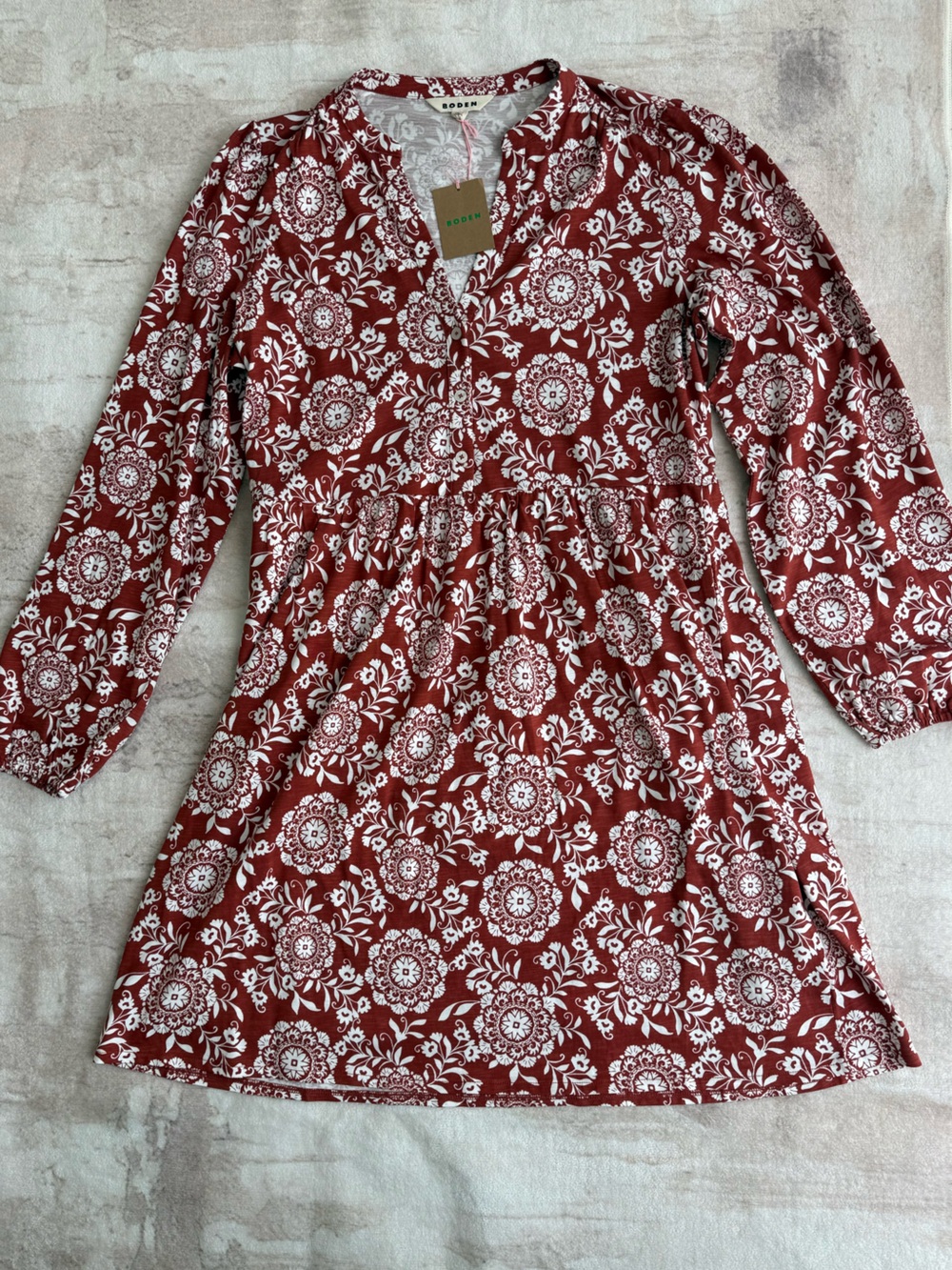 Boden Red and White Floral Long-Sleeve Dress